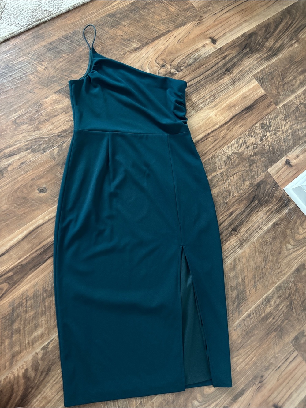 Lulu's Dark Green One-Shoulder Midi Dress with Side Slit - Picture 2 of 5